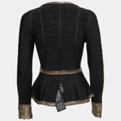 Herve Leger Black Stretch Knit Beaded Peplum Top XS
