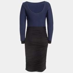 مملوكة مسبقًا Herve Leger Navy Blue/Black Mesh Trim Knit Ruched Bandage Dress L