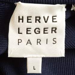 مملوكة مسبقًا Herve Leger Navy Blue/Black Mesh Trim Knit Ruched Bandage Dress L