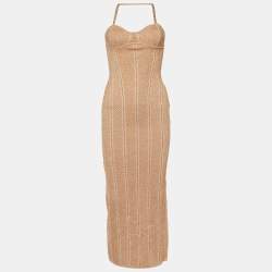 Herve Leger Metallic Rose Gold Knit Midi Dress XS