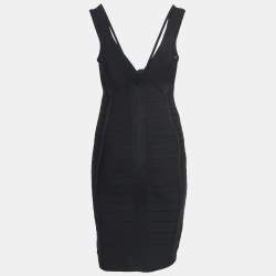 Pre Owned Herve Leger Black Knit V-Neck Bandage Dress S