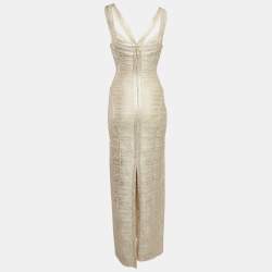 Herve Leger Beige Foil Print Banded Knit Sweetheart Maxi Dress S
