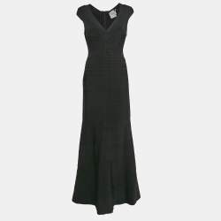 Herve Leger Black Stretch Bandage Knit Flared Maxi Dress L