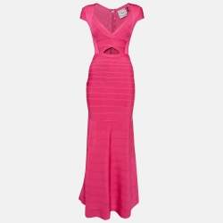 Herve Leger Pink Bandage Knit Cap Sleeve Flared Gown S