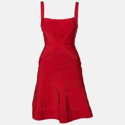 Pre Owned Herve Leger Red Jersey Sleeveless Faith Bandage Dress S