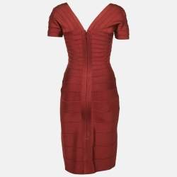 Pre Owned Herve Leger Burgundy Knit Bandage Mini Dress M