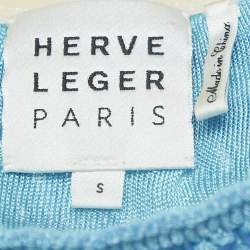 Pre Owned Herve Leger Blue Pucker Pattern Knit Top and Midi Skirt Set S