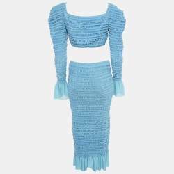 Pre Owned Herve Leger Blue Pucker Pattern Knit Top and Midi Skirt Set S