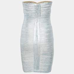 Pre Owned Herve Leger Blue Coated Knit Strapless Bandage Dress XS