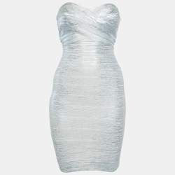 Herve Leger Blue Coated Knit Strapless Bandage Dress XS