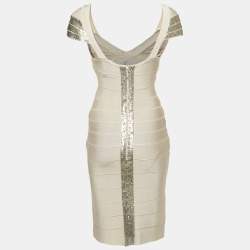 Herve Leger Beige/Khaki Sequin Embellished Knit Bandage Dress S