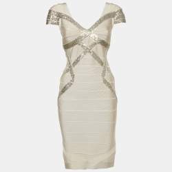 Herve Leger Beige/Khaki Sequin Embellished Knit Bandage Dress S