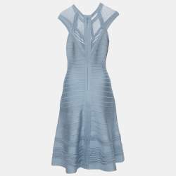 Pre Owned Herve Leger Blue Crochet Trim Knit Flared Short Dress M
