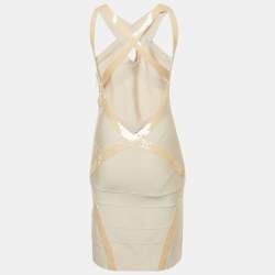 Pre Owned Herve Leger Beige Sequin Embellished Bodycon Dress M
