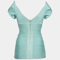 Pre Owned Herve Leger Mint Blue Knit Cold Shoulder Bandage Top S