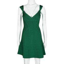 Herve Leger Pine Green Fit and Flare Sleeveless Mayra Dress M