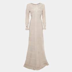 Pre Owned Herve Leger Light Pink Knit & Crochet Detail Gown M