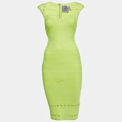 Pre Owned Herve Leger Neon Green Jersey Bandage Short Dress S