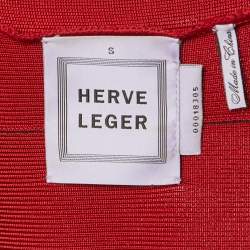 Pre Owned Herve Leger Red Printed Knit Plunge Neck Bandage Dress S