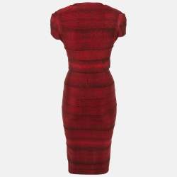 Pre Owned Herve Leger Red Printed Knit Plunge Neck Bandage Dress S