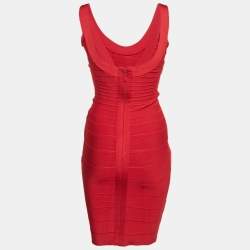 Pre Owned Herve Leger Red Jersey Bandage Bodycon Midi Dress XS