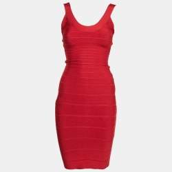 Pre Owned Herve Leger Red Jersey Bandage Bodycon Midi Dress XS