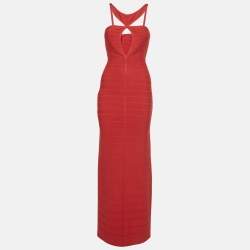 Pre Owned Herve Leger Red Knit Maxi Bandage Dress S