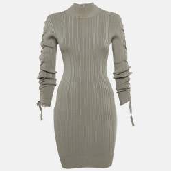 مملوكة مسبقًا فستان هيرفي ليجي رمادي محبوك مضلع بأكمام مربوطة �صغير جدًا