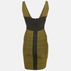 Pre Owned Herve Leger Olive Green Bandage Knit Kayitlyn Dress S