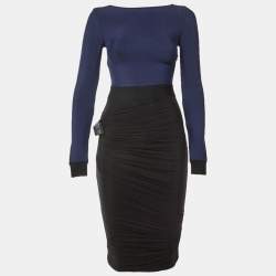 Pre Owned فستان هيرفي ليجي ضيق ثنيات تريكو وتول أزرق داكن XS