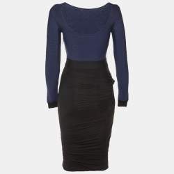 Pre Owned فستان هيرفي ليجي ضيق ثنيات تريكو وتول أزرق داكن XS