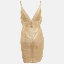 مملوكة مسبقًا Herve Leger Beige Metallic Coated Bandage Knit Ari Dress M