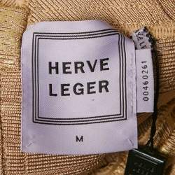 مملوكة مسبقًا Herve Leger Beige Metallic Coated Bandage Knit Ari Dress M