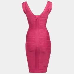 Pre Owned Herve Leger Pink Rayon Blend Bodycon Mini Dress XXS