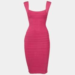 Pre Owned Herve Leger Pink Rayon Blend Bodycon Mini Dress XXS