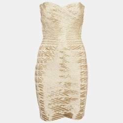 Pre Owned Herve Leger Beige/Gold Stretch Knit Beaded Mini Dress M