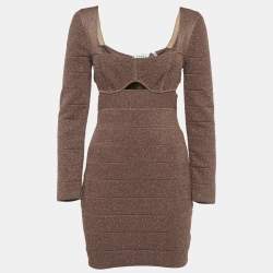 مملوكة مسبقًا Herve Leger Brown Metallic Lurex Knit Bandage Mini Dress M