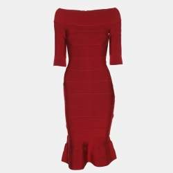 مملوكة مسبقًا Herve Leger Red Knit Bandage Knit Bodycon Dress XS