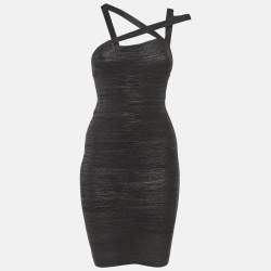 Pre Owned Herve Leger Black Printed Knit Bandage Dress S