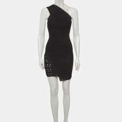 Pre Owned Herve Leger Black Stretch Knit One Shoulder Mini Dress XS