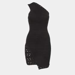 Pre Owned Herve Leger Black Stretch Knit One Shoulder Mini Dress XS