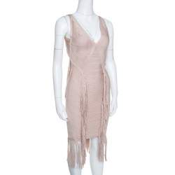 Herve Leger Beige Fringed Sleeveless Bandage Dress S