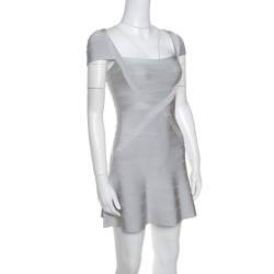 Herve Leger Icy Grey Cap Sleeve Makayla Bandage Skater Dress XXS