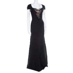 Herve Leger Black Knit Fringed Bodice Lora  Bandage Mermaid Gown XS