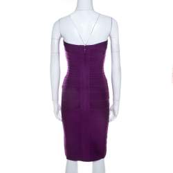 Pre Owned Herve Leger Purple Knit Strapless Signature Essential Dress XS 