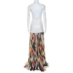 Herve Leger White Sequin Knit and Multicolor Printed Chiffon Backless Maxi Dress S 