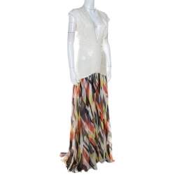 Herve Leger White Sequin Knit and Multicolor Printed Chiffon Backless Maxi Dress S 