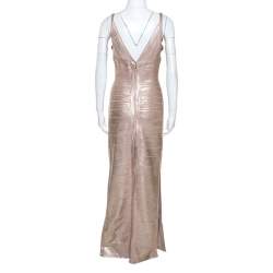 Pre Owned Herve Leger Metallic Rose Gold Foil Knit Bandage Maxi Dress M