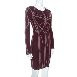 مملوكة مسبقًا فستان هيرفي ليجر ايلانيا بوديكون أكمام طويلة حافة ميتاليك عنابي XS