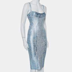 Herve Leger Blue Crushed Metallic Knit Bandage Dress M